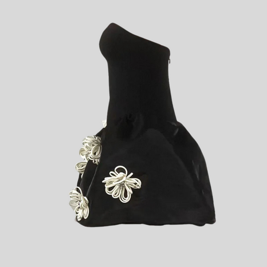 Elegant Mini Dress With 3D Silver Flower Embellishments - Black