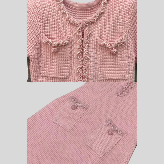 Tweed Mini Dress With Short Sleeves And Buttoned Front Closure - Pink - Green