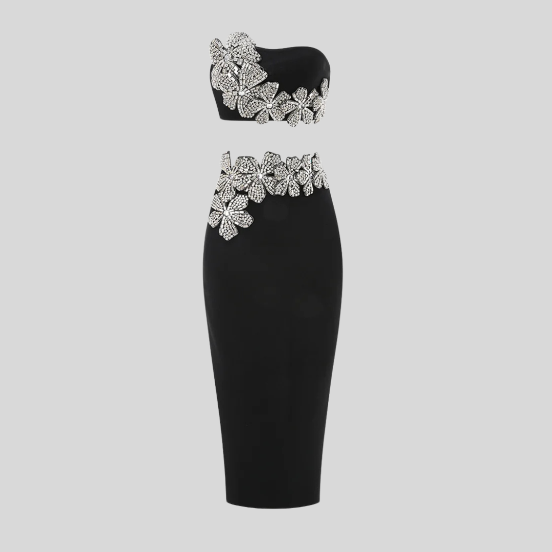 Elegant Black Diamond Flower 2-Piece Set with Strapless Top and Maxi Skirt
