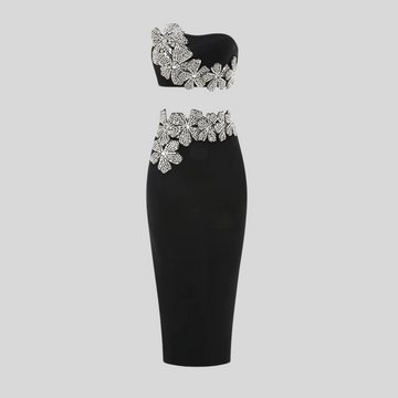 Elegant Black Diamond Flower 2-Piece Set with Strapless Top and Maxi Skirt
