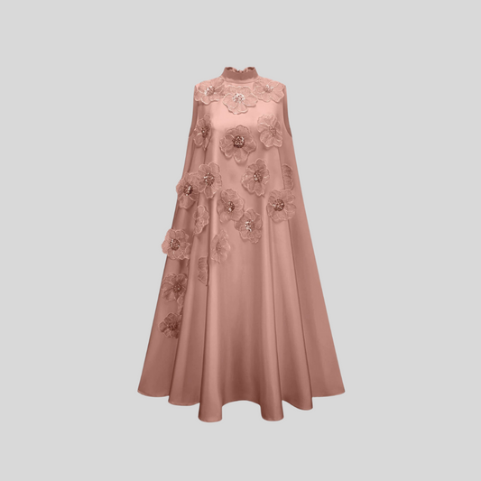 Sleeveless Floral A-Line Dress With High Collar And Textured Embellishments - Pink - White