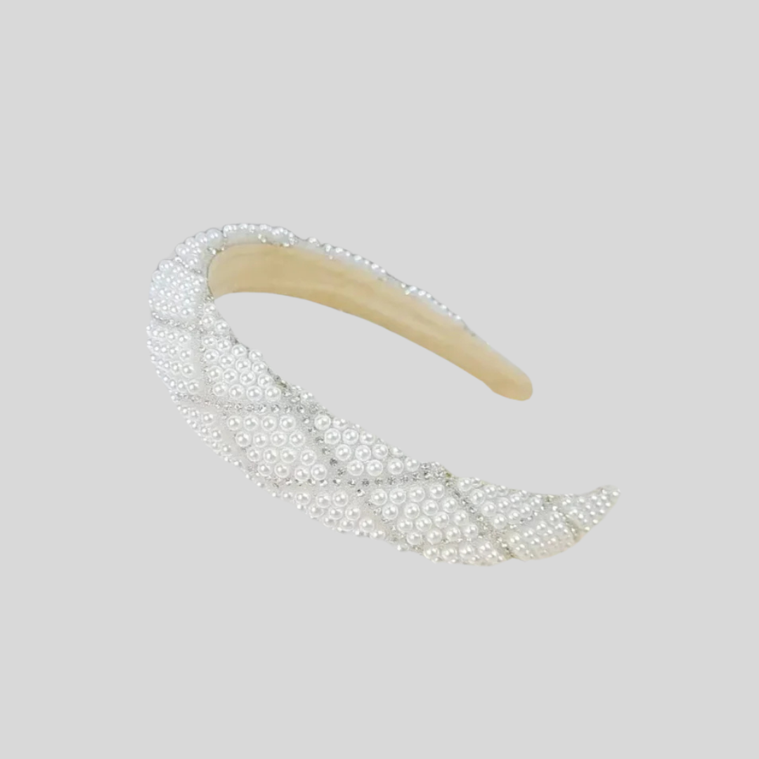 Diamond Pattern Sparkling Headband With Pearl Embellishments - White