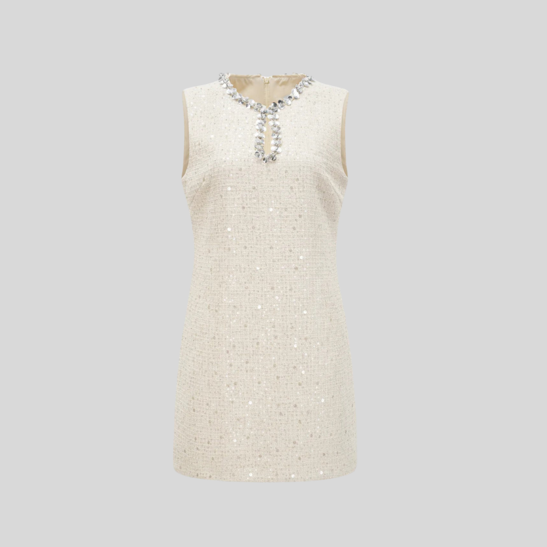 Textured Sleeveless Mini Dress With Sparkling Collar Details - Ivory - Pink - Blue