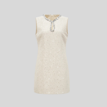 Textured Sleeveless Mini Dress With Sparkling Collar Details - Ivory - Pink - Blue