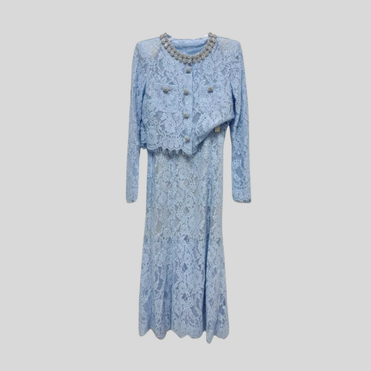 Lace Co-Ord With Sparkling Neckline Embellishments And Midi Skirt - White - Blue
