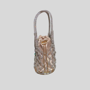 Round Mesh Handbag with Beige Satin Pouch - Silver