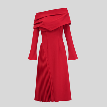 Chic Pleated Maxi Dress with High Slit - Red - Black