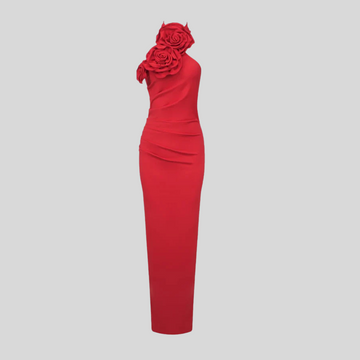 Sleeveless Fitted Maxi Dress With Flowing Scarf, 3D Roses And Side Slit - White - Black - Red
