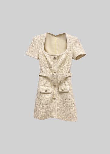 Textured Mini Dress With Floral Element And Matching Belt - Ivoiry
