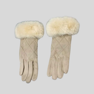 Elegant Suede  Plaid Gloves With Fur - Beige