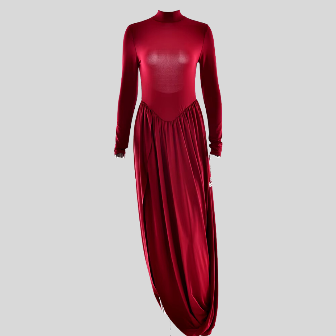 Elegant Long Sleeved Dress - Burgundy