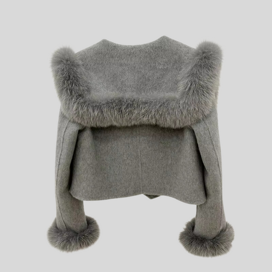 Real Fur Coat with Fox Collar and Cuffs - Gray