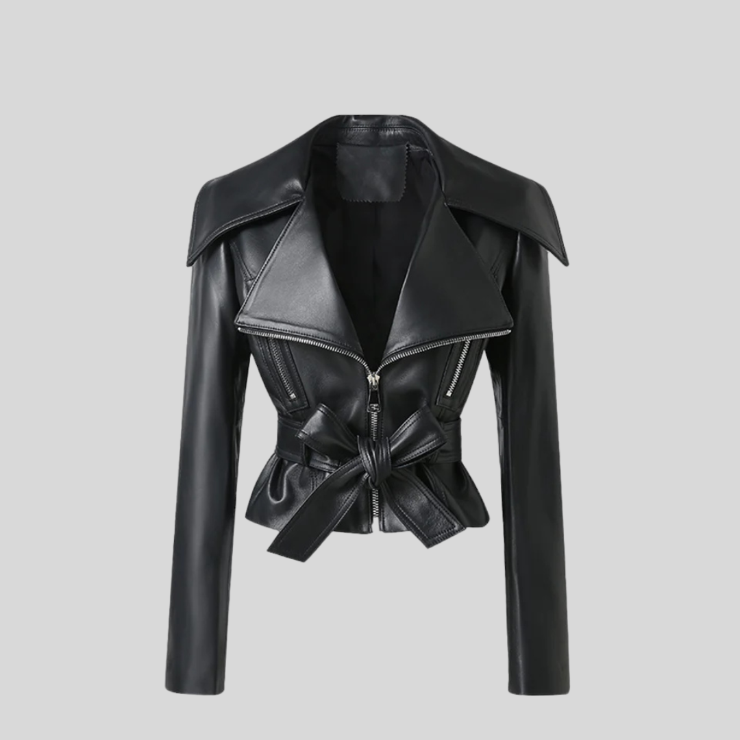 Leather Jacket With Belt  - Black