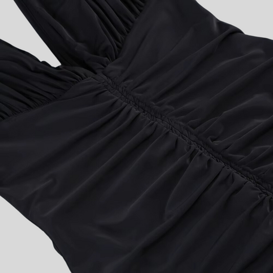 Elegant Ruched Dress with Plunging Neckline - Black