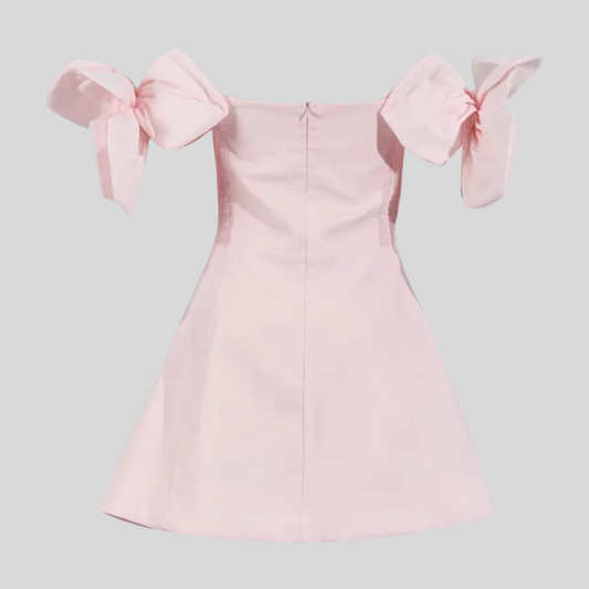 Off-Shoulder Mini Dress with Oversized Floral Appliqués - Pink