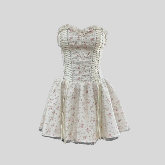 Corset Mini Dress With Sweetheart Neckline And Delicate Floral Pattern - White/Blue -  White/Pink