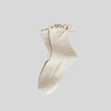 Ribbed Socks With White Bow And Ruffled Trim Accents - Beige