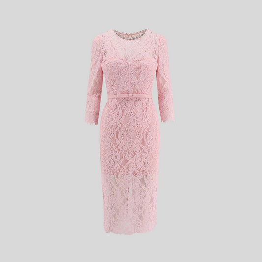 Elegant Short Sleeve Lace Dress With Matching Waist Belt - White - Pink