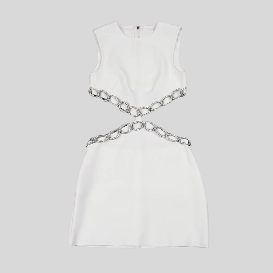 Elegant Backless Cut-Out Diamond Mini Dress - White