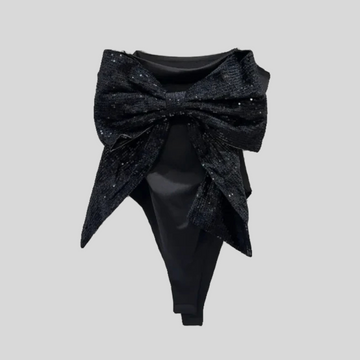 Bodysuit With Large Front Sequin Bow - Black