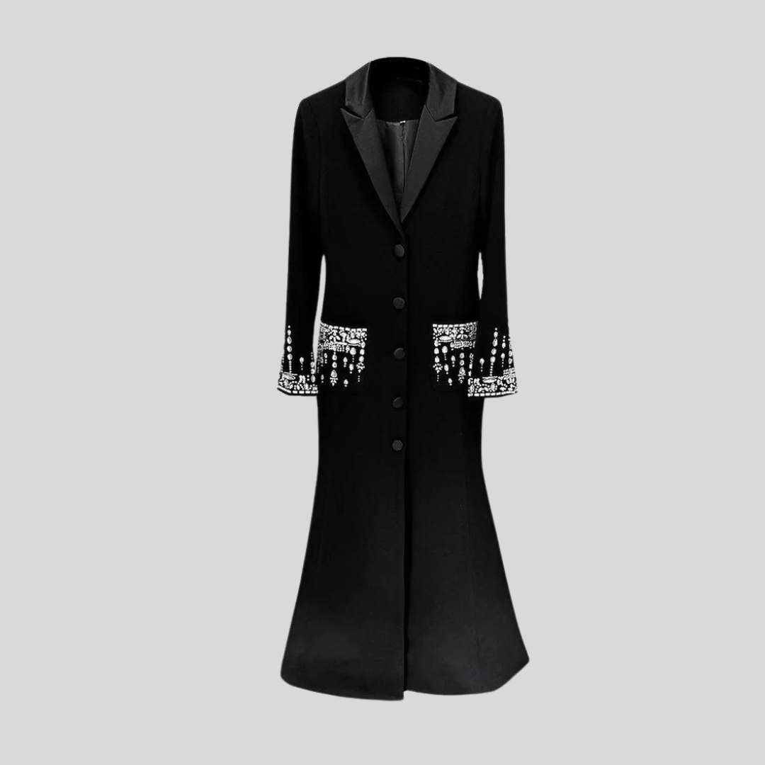 Long Silhouette Dress With Lapels And Crystal Detailing - Black