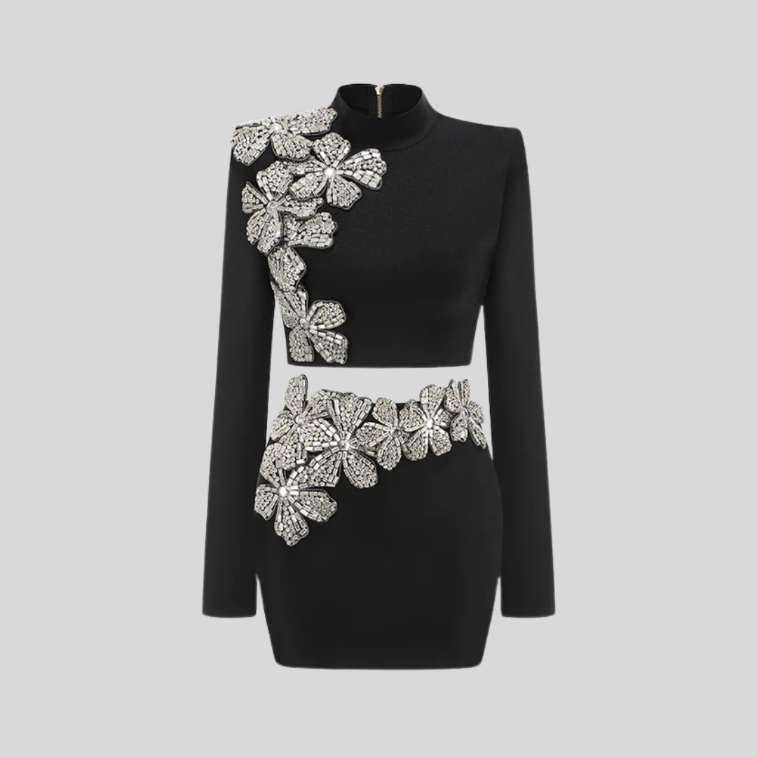 Elegant Black Diamond Flower 2-Piece Set with Long Sleeve Top and Mini Skirt - Black