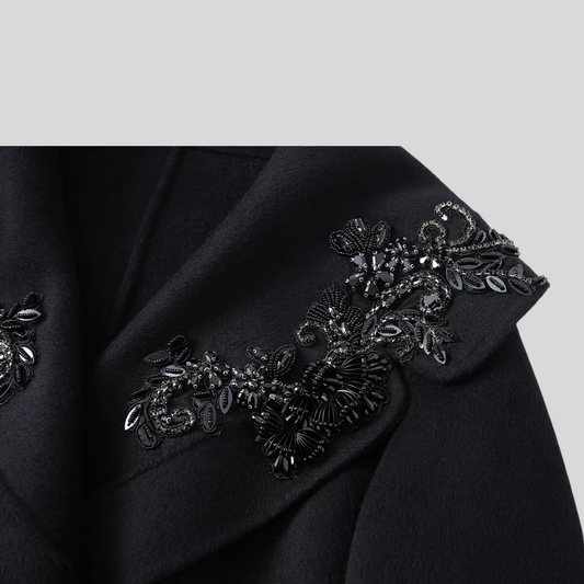 Luxury Cashmere Overcoat with Fox Fur Cuffs and Floral 3D Accents - Black