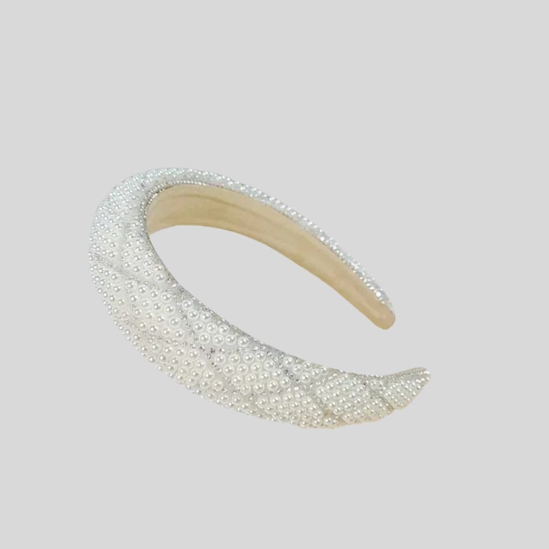 Large Diamond Sparkling Headband With Pearl Embellishments - White