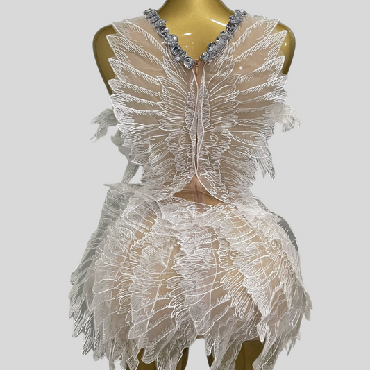 Ethereal Mini Dress With Sheer Wings Texture And Crystal Embellishments - White