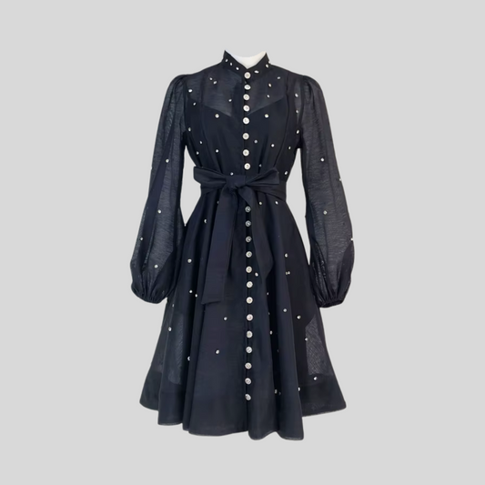 Elegant Dress With Long Puffed Sleeves, High Collar And Sparkling Embellishments - White