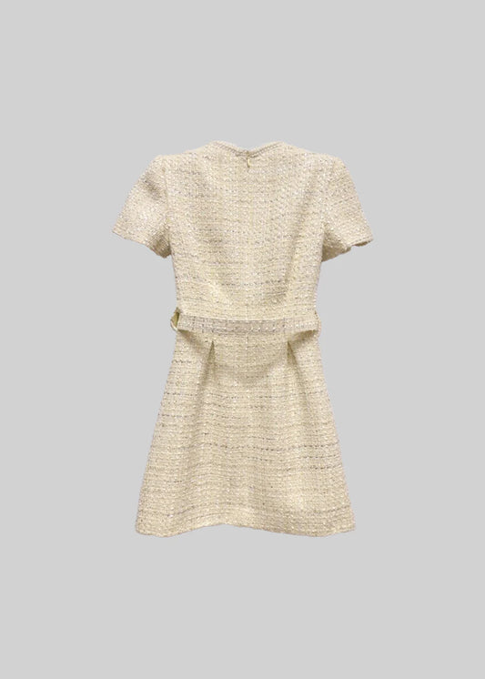 Textured Mini Dress With Floral Element And Matching Belt - Ivoiry