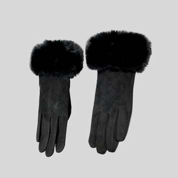 Elegant Suede Plaid Gloves With Fur - Black