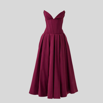 Elegant Strapless Midi Dress - Burgundy