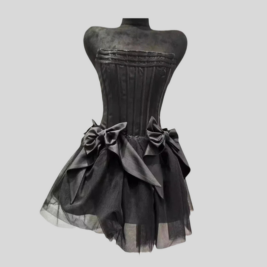 Corset Tulle Mini Dress With Waist Ribbons - White - Black