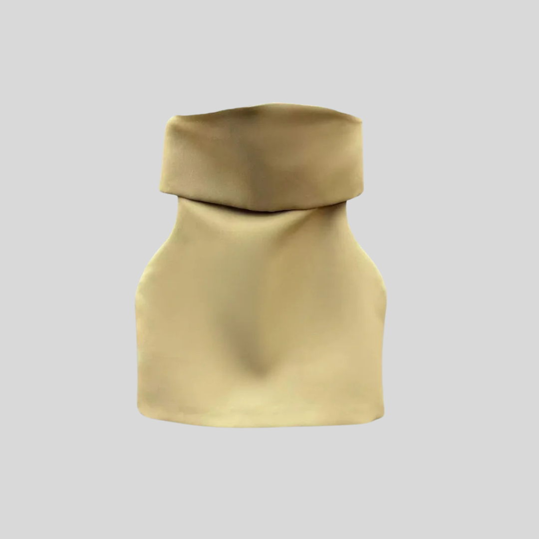 Elegant Strapless Mini Dress With Flared Hemline - Khaki - White