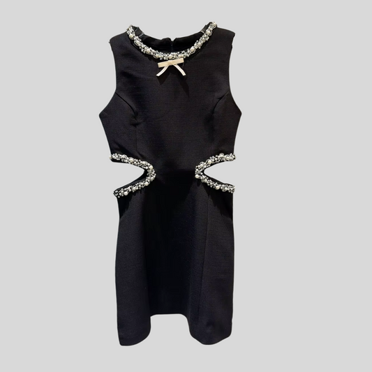 Elegant Mini Dress With Side Cutouts And Pearl Detailing - Black - White