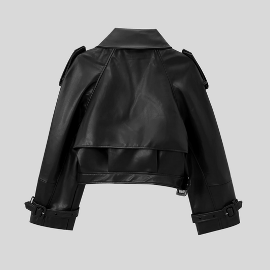 Cropped Vegan Leather Jacket - Black