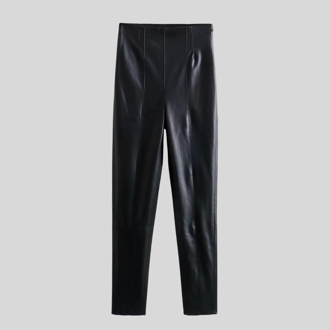 High-Waist  Leather Stretch Trousers - Brown - Black - White