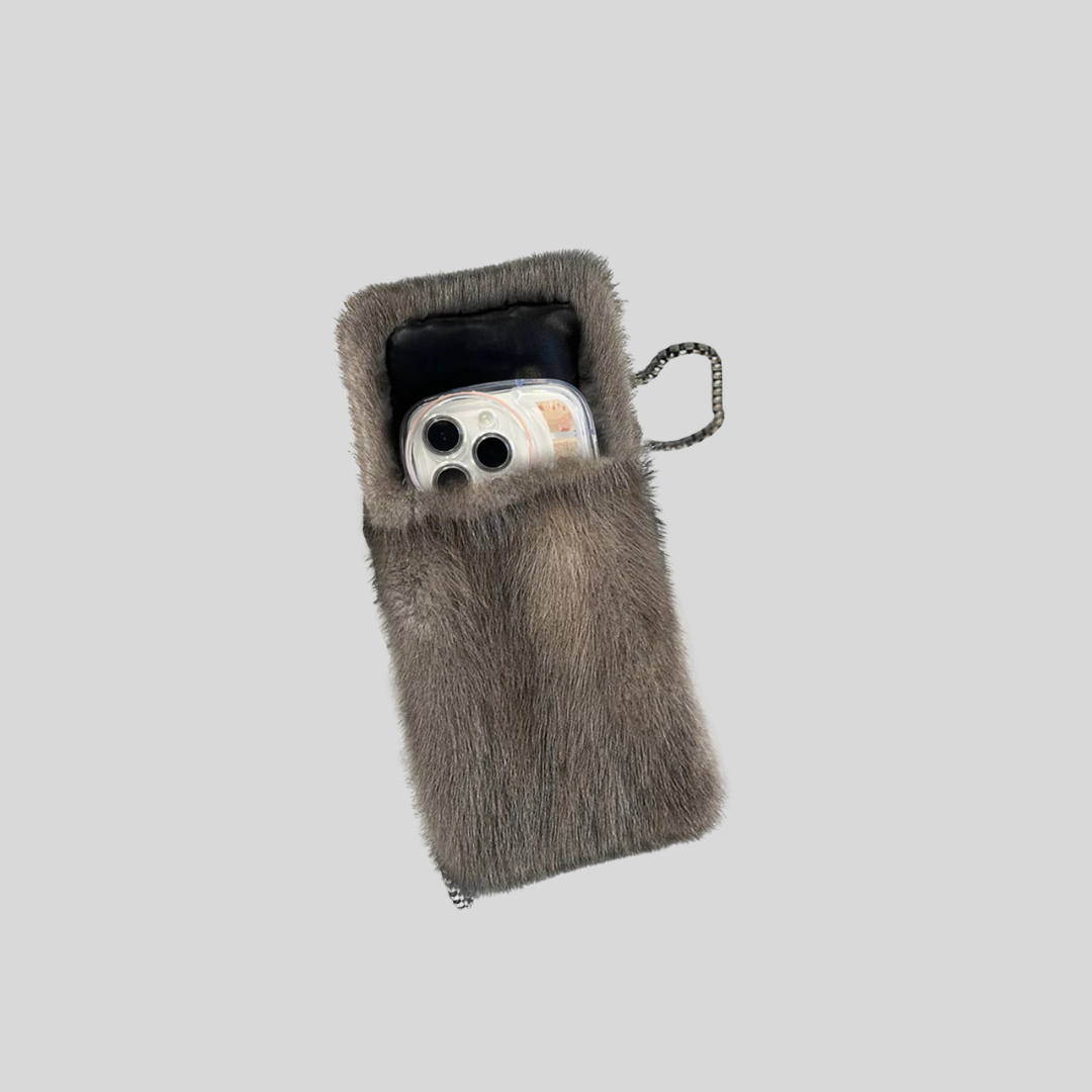 Elegant Mink Fur Smartphone Pouch - Gray