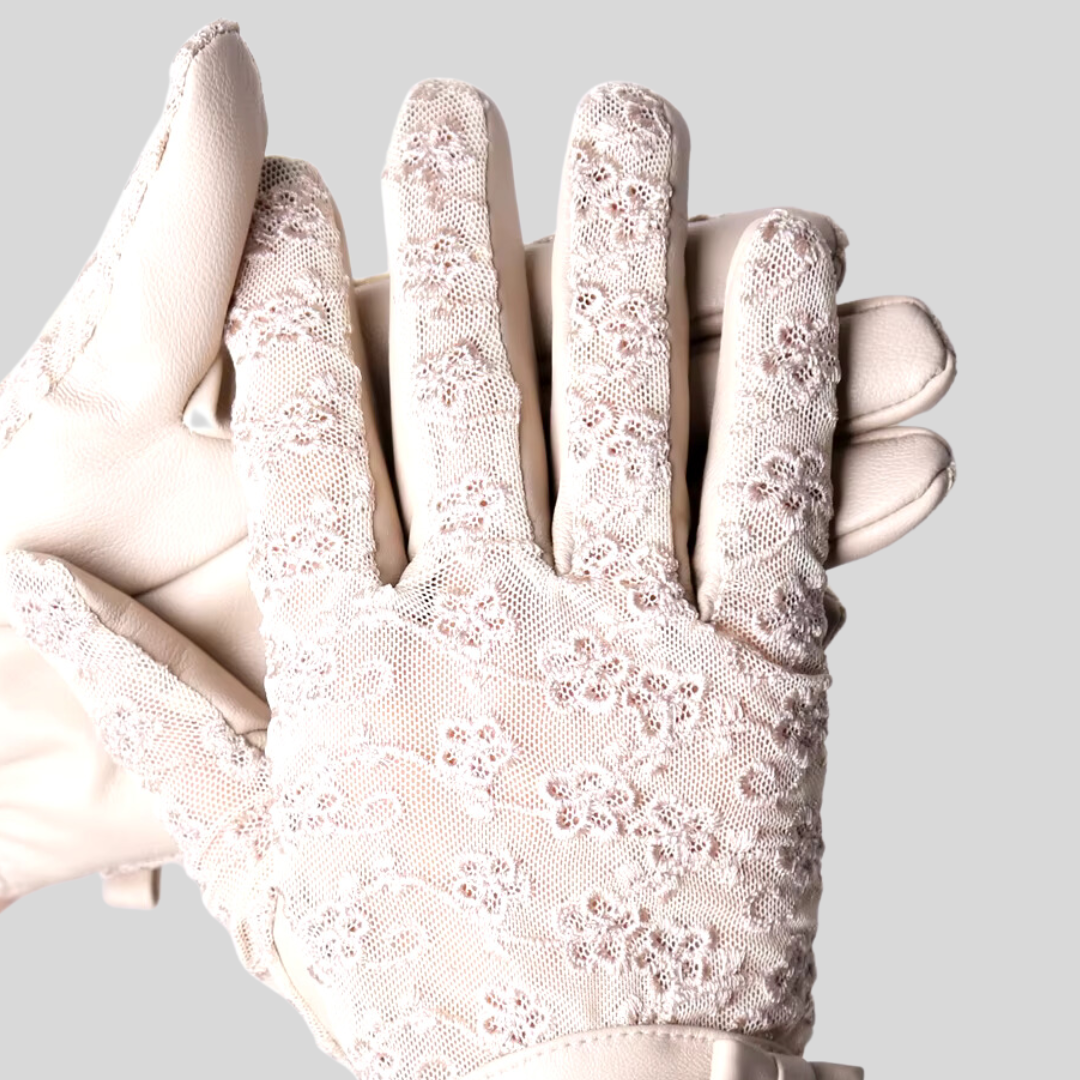 Vegan Leather Lace Sheepskin Gloves with Bow - Beige