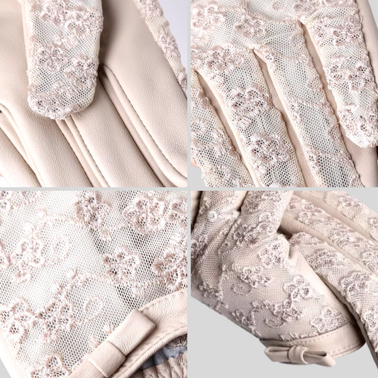 Vegan Leather Lace Sheepskin Gloves with Bow - Beige