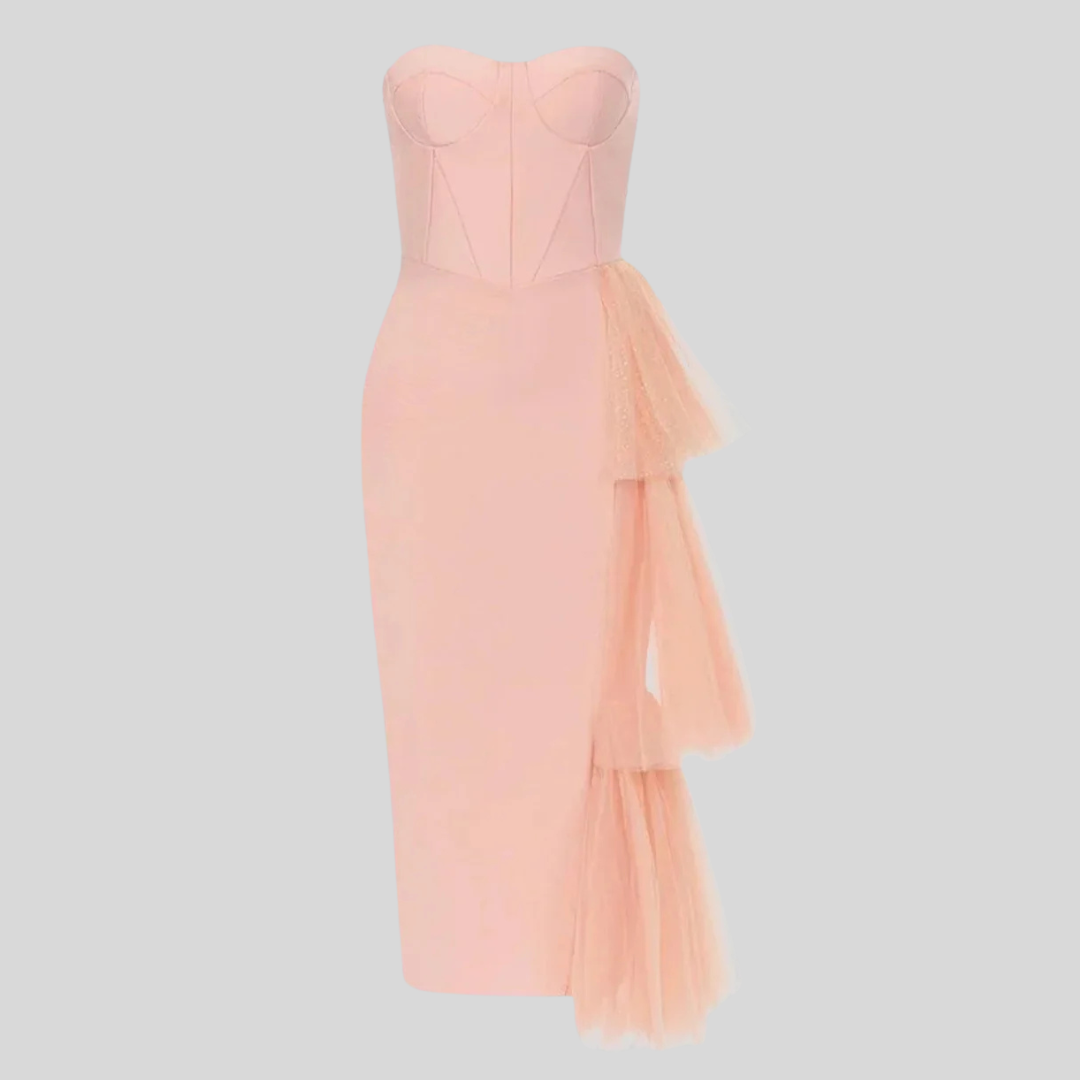 Fitted Midi Dress With Flowing Tulle Side Accents - Pink