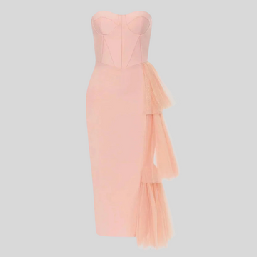 Fitted Midi Dress With Flowing Tulle Side Accents - Pink