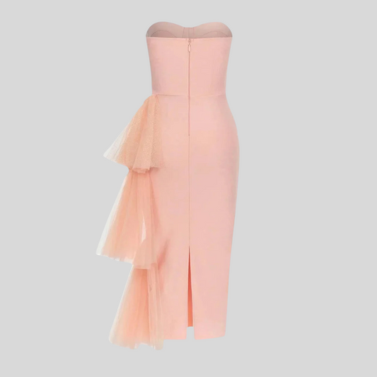 Fitted Midi Dress With Flowing Tulle Side Accents - Pink