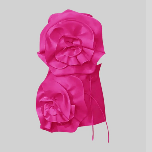 Satin Mini Dress With Oversized 3D Flowers - Pink - Fuchsia - Black