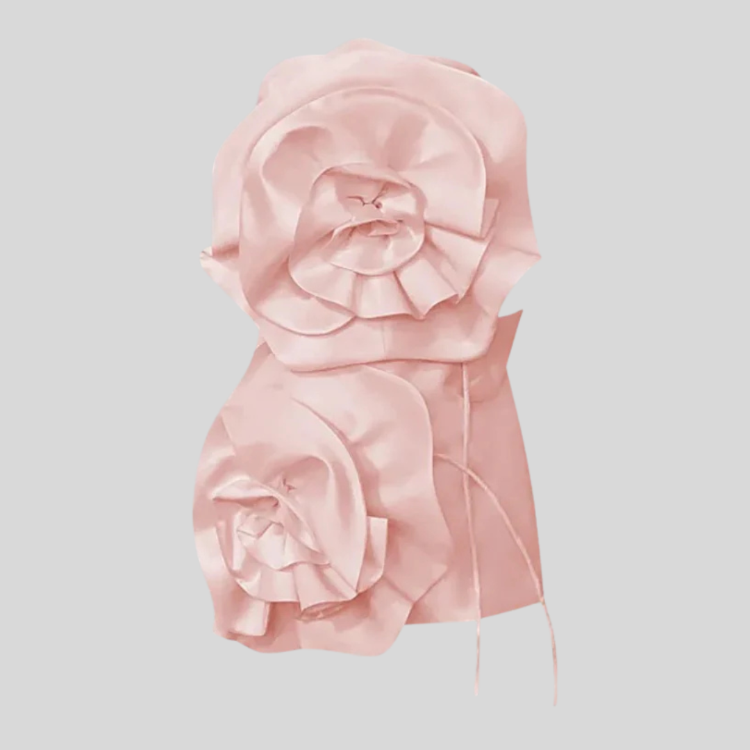 Satin Mini Dress With Oversized 3D Flowers - Pink - Fuchsia - Black