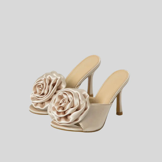 Satin Strappy Sandals with Flower Detail - Pink - Beige Black