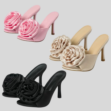 Satin Strappy Sandals with Flower Detail - Pink - Beige Black