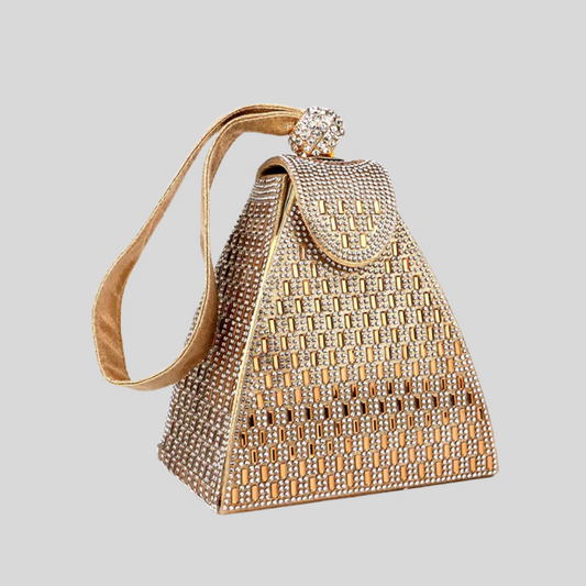 Triangular Metallic Bag with Golden Stones - Gold - Black - Silver