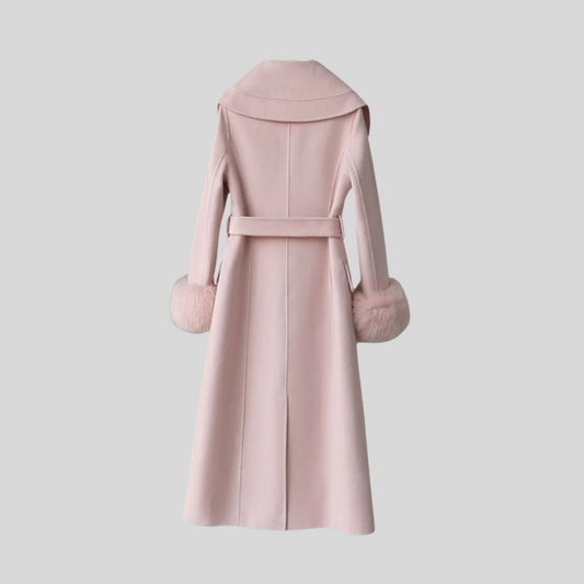 Luxury Cashmere Overcoat with Fox Fur Cuffs and Floral 3D Accents - Pink